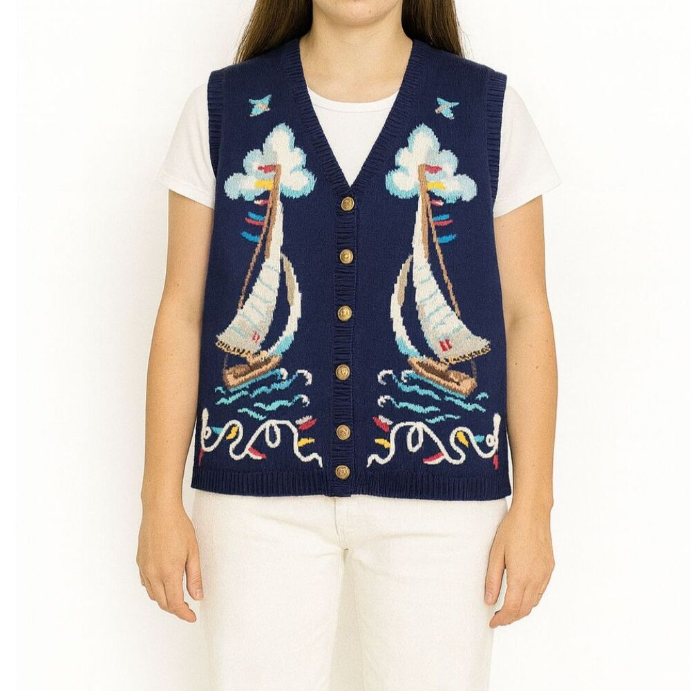 Susan Bristol Vintage Sailing Knit Vest LP Navy Embroidered Coastal Grandma